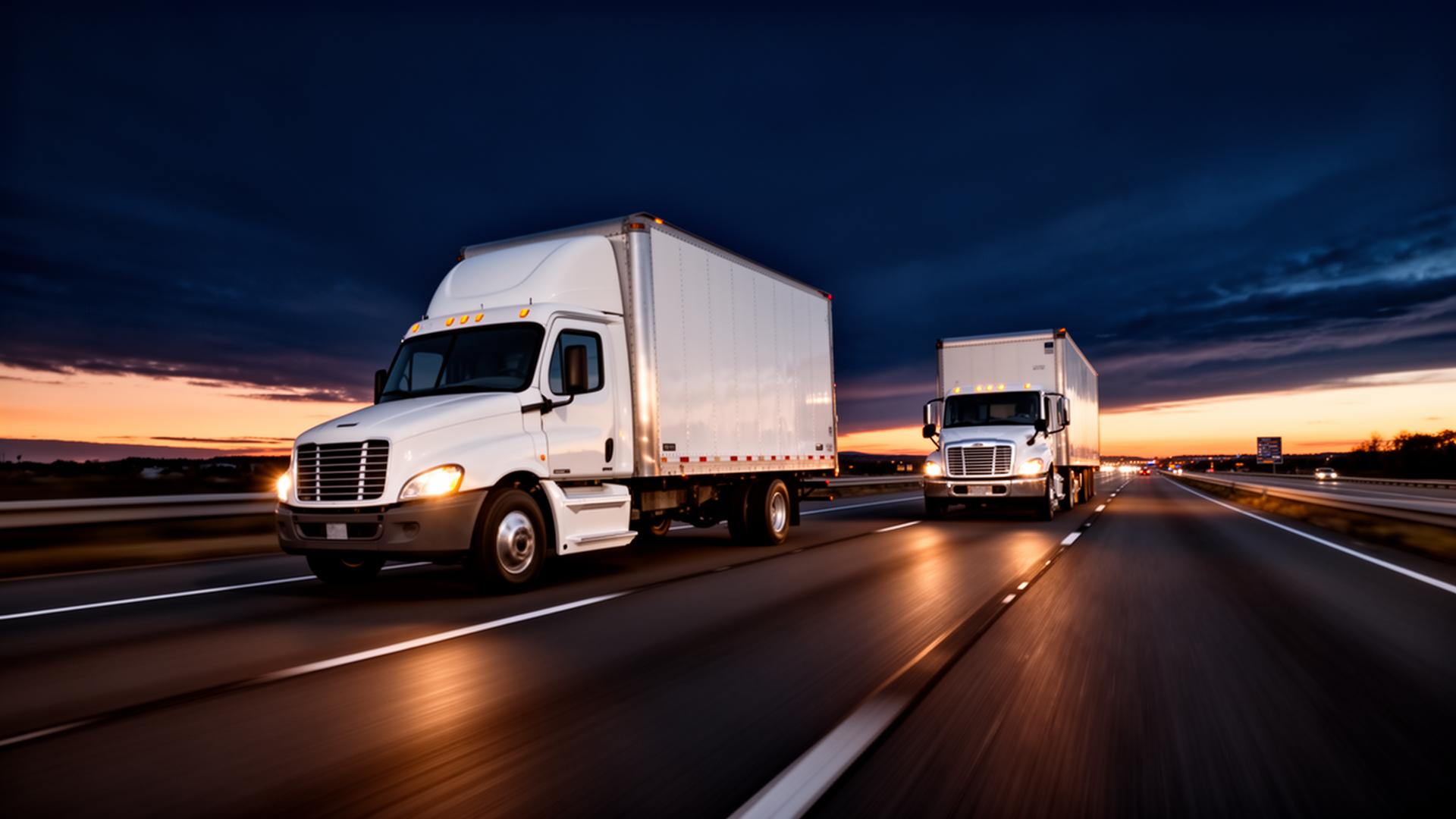 White straight trucks moving expedited freight at dusk on a US interstate